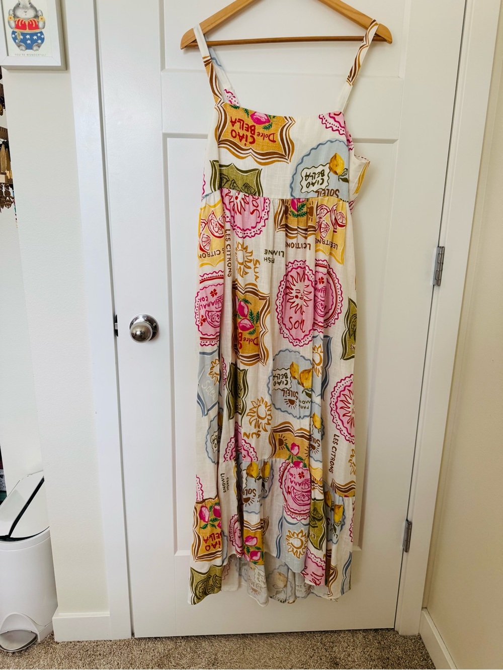 Cream Floral Print Maxi Dress with Pink and Yellow Accents